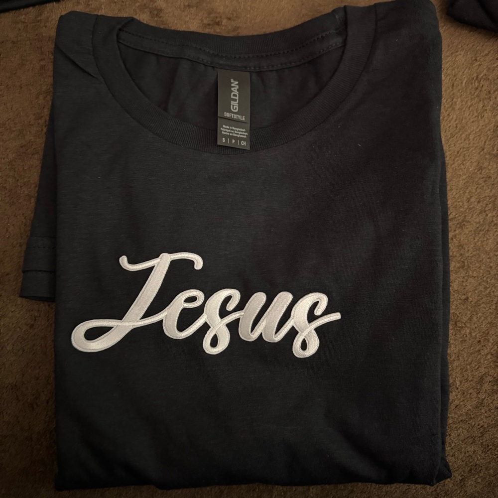 Gildan Black Tee with White 'Jesus' Script